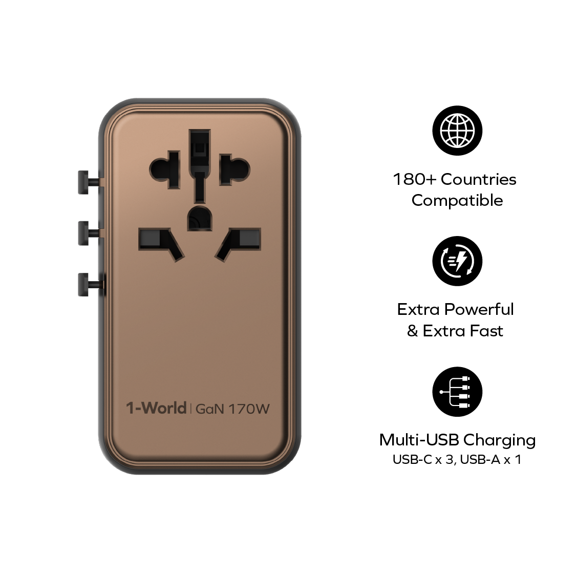 1-World 4-Port GaN Travel Charger 170W + USB-C Cable - Image 2