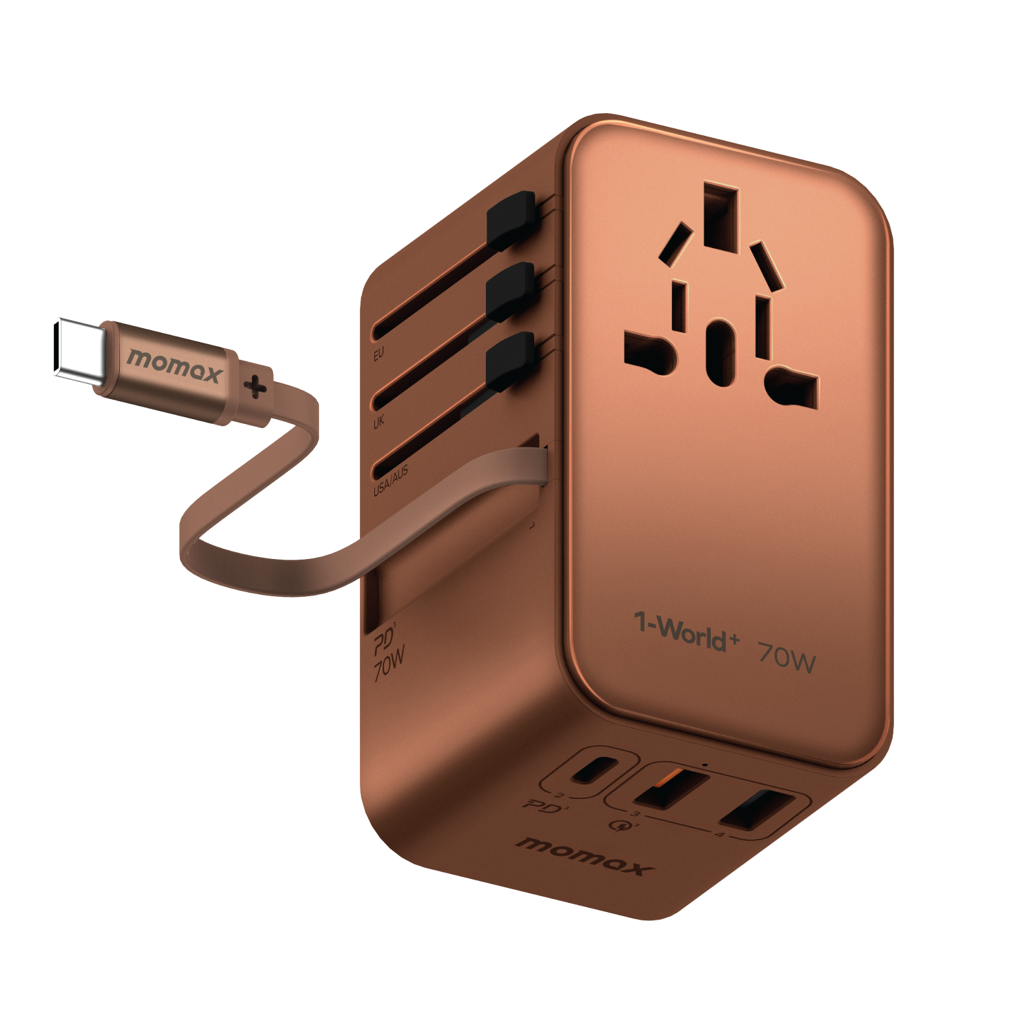 1-World+ 3-Port Travel GaN Charger With Built-in USB-C Cable 70W - Image 5