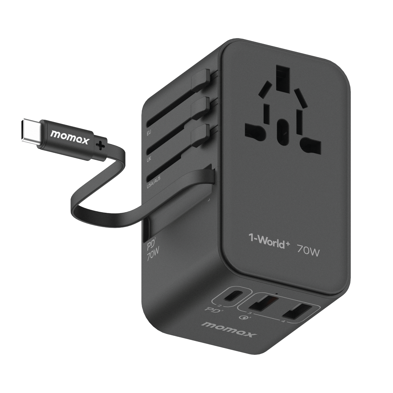 1-World+ 3-Port Travel GaN Charger With Built-in USB-C Cable 70W - Image 4