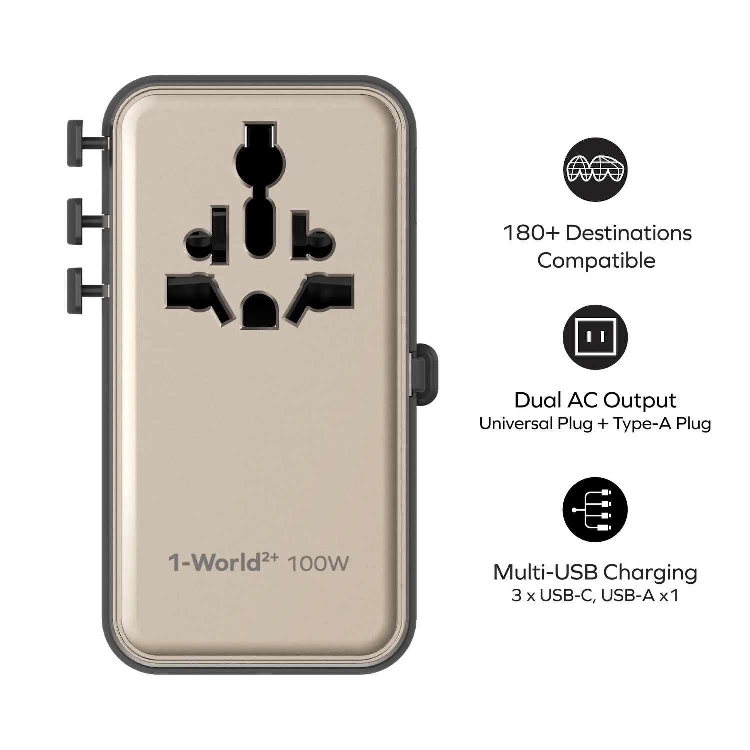 1-World²⁺ 4-Port Mini Universal Travel GaN Charger with Built-In Retractable Cable 100W with Dual AC - Image 5