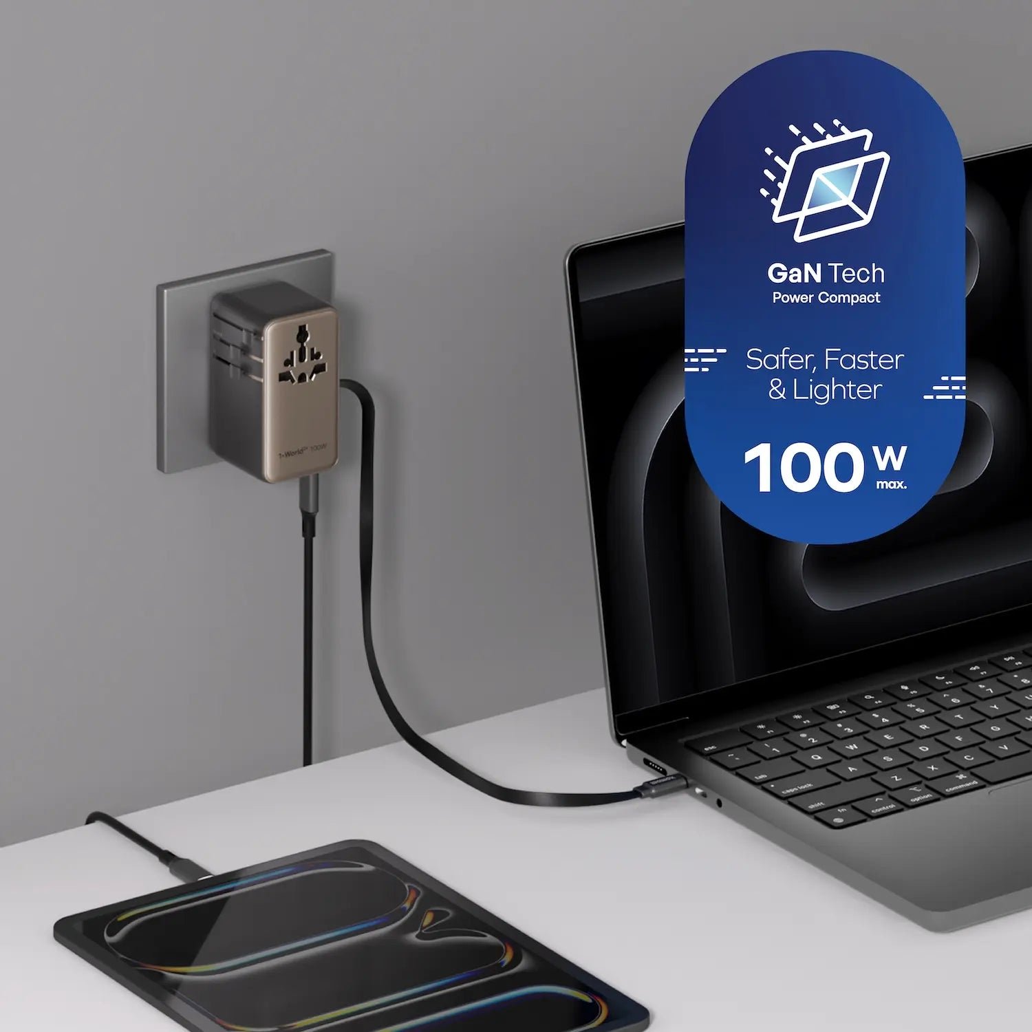 1-World²⁺ 4-Port Mini Universal Travel GaN Charger with Built-In Retractable Cable 100W with Dual AC - Image 6