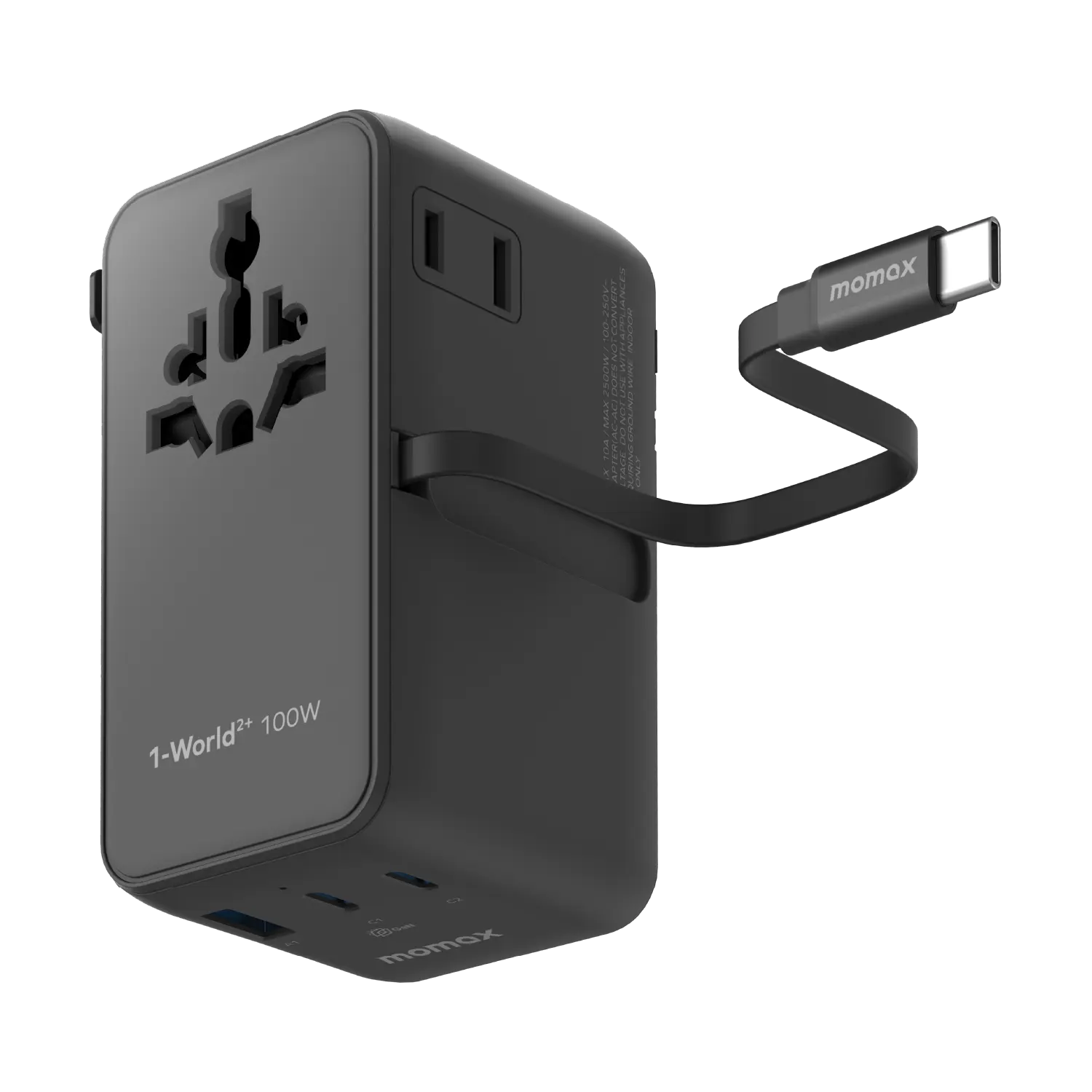 1-World²⁺ 4-Port Mini Universal Travel GaN Charger with Built-In Retractable Cable 100W with Dual AC