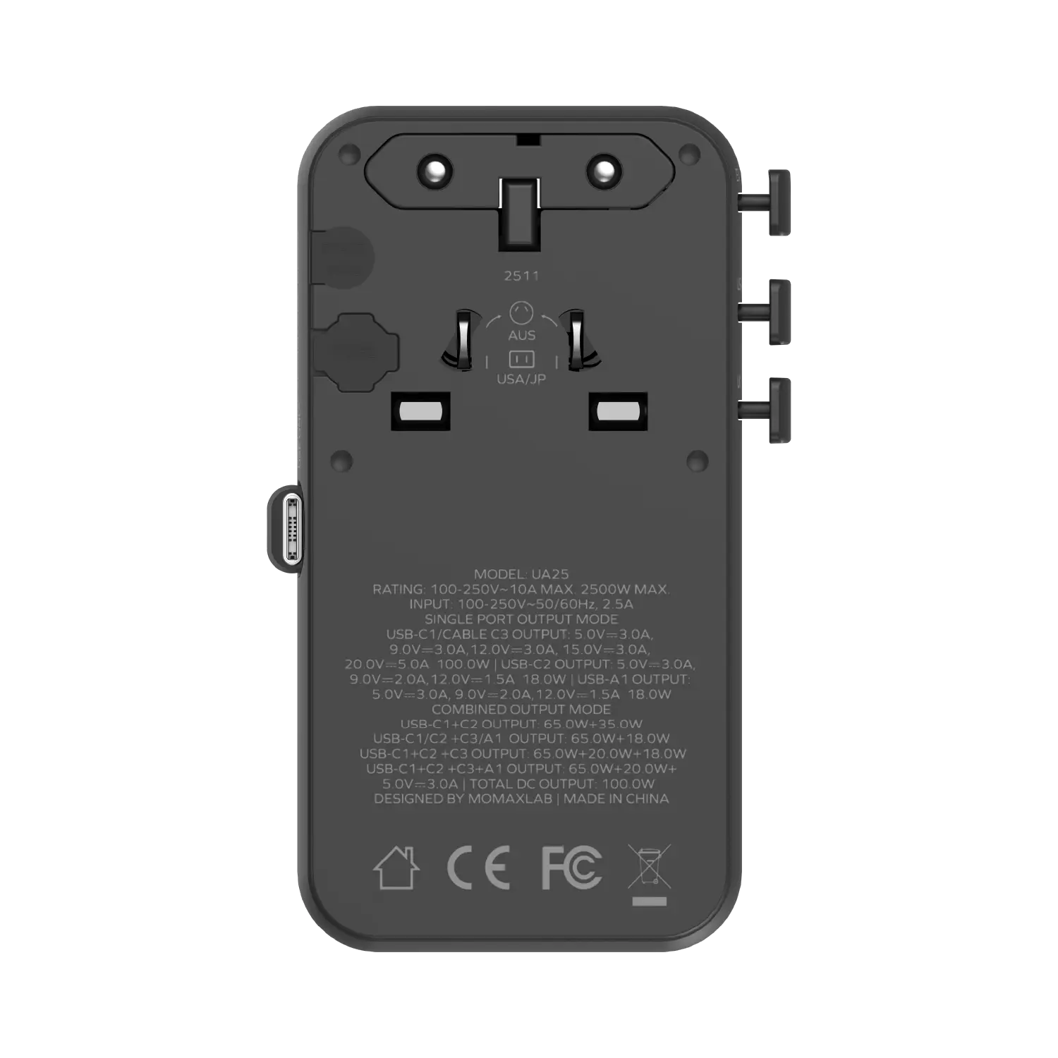1-World²⁺ 4-Port Mini Universal Travel GaN Charger with Built-In Retractable Cable 100W with Dual AC - Image 14