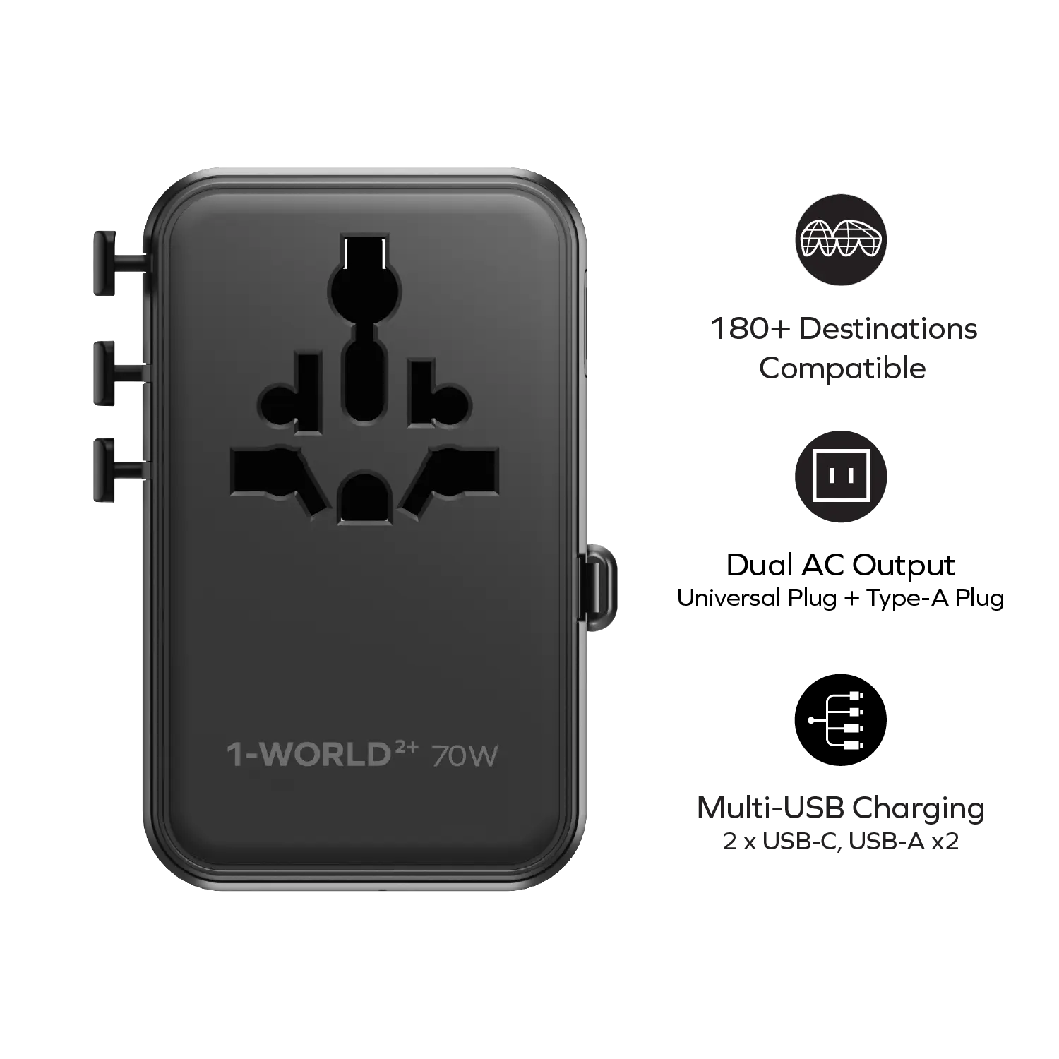 1-World²⁺
70W 3-Port Dual AC Travel Adapter with Built-In Retractable Cable - Image 5