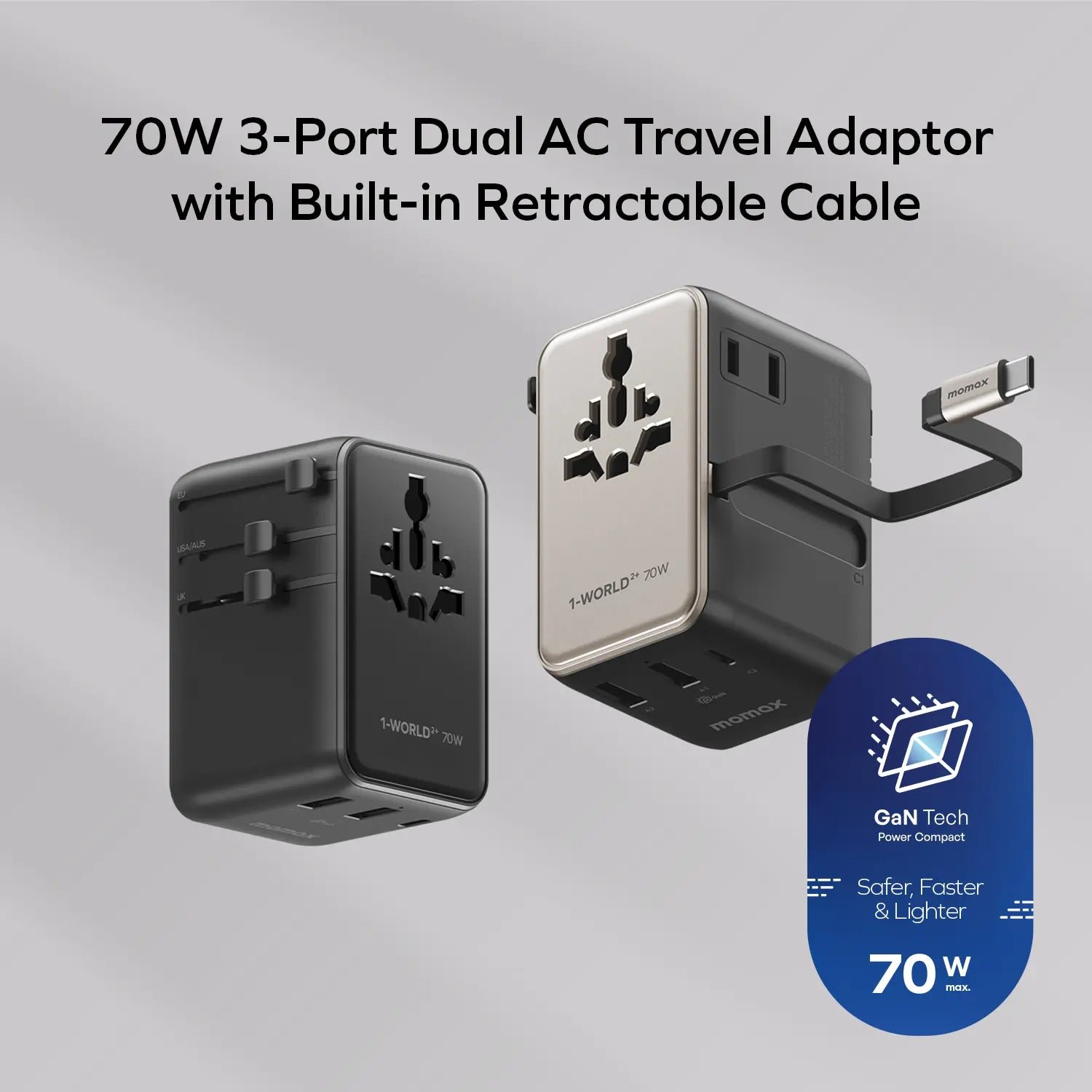 1-World²⁺
70W 3-Port Dual AC Travel Adapter with Built-In Retractable Cable - Image 6