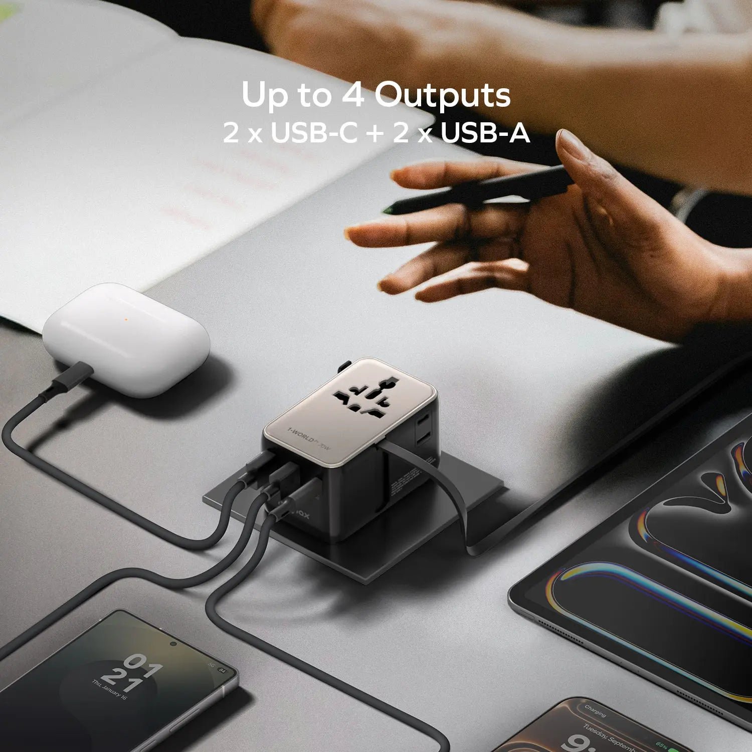 1-World²⁺
70W 3-Port Dual AC Travel Adapter with Built-In Retractable Cable - Image 7