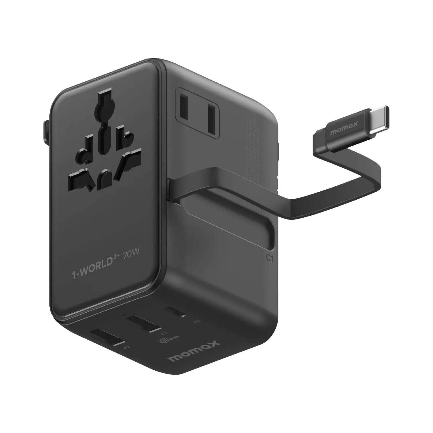1-World²⁺
70W 3-Port Dual AC Travel Adapter with Built-In Retractable Cable