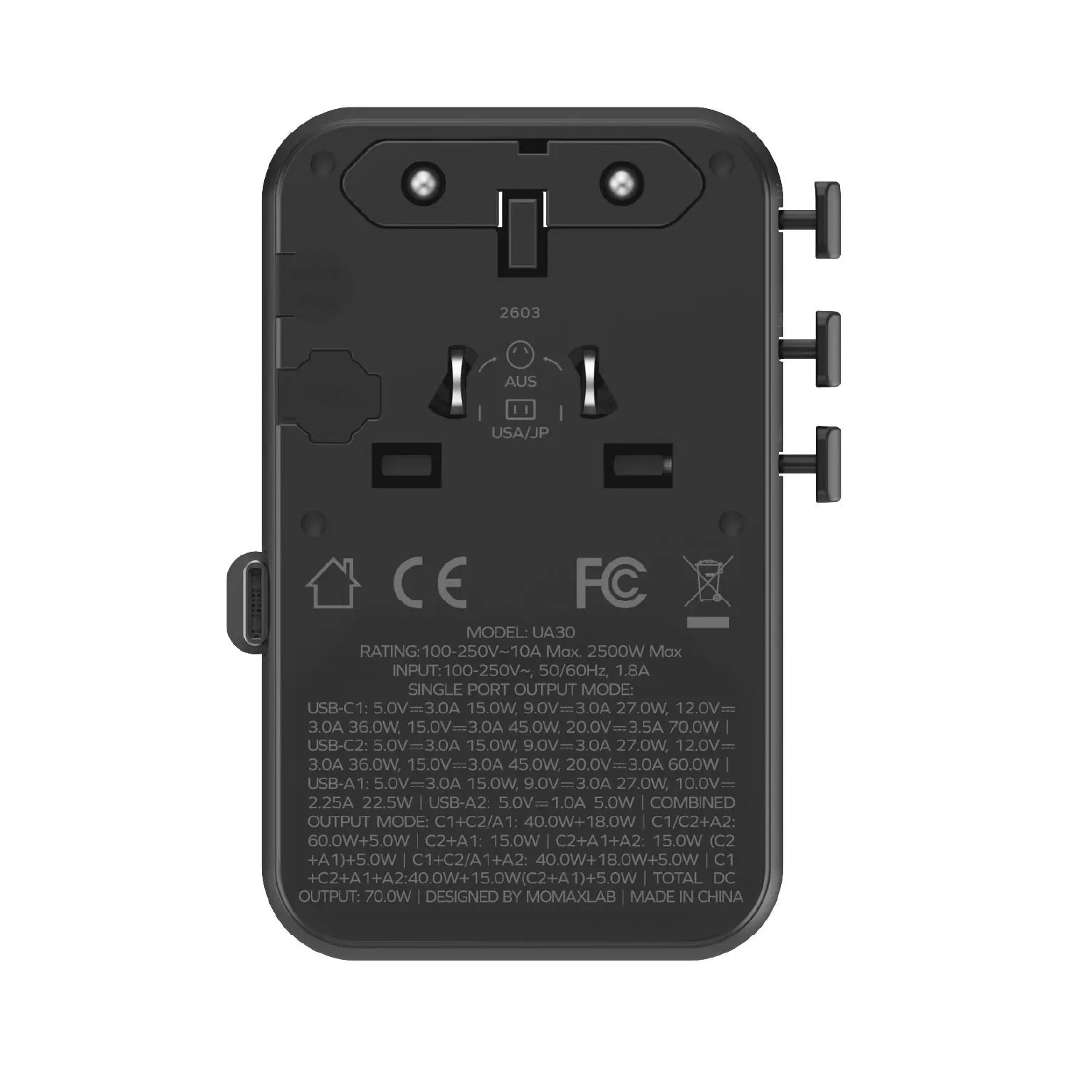 1-World²⁺
70W 3-Port Dual AC Travel Adapter with Built-In Retractable Cable - Image 21