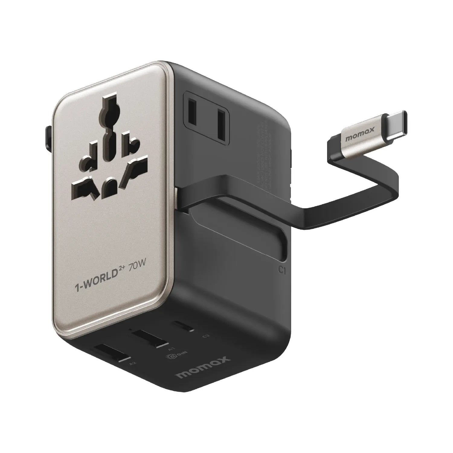 1-World²⁺
70W 3-Port Dual AC Travel Adapter with Built-In Retractable Cable - Image 3