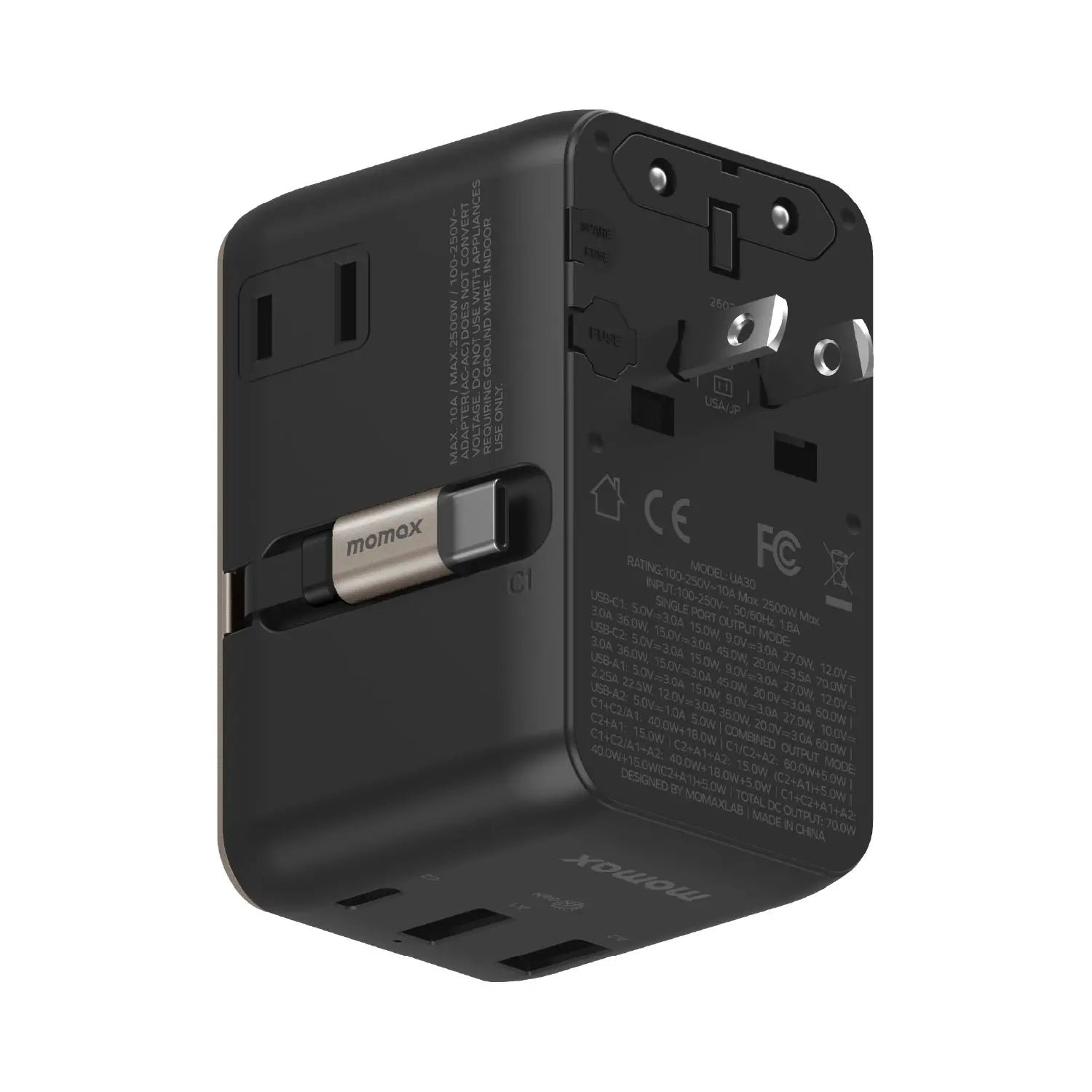 1-World²⁺
70W 3-Port Dual AC Travel Adapter with Built-In Retractable Cable - Image 14